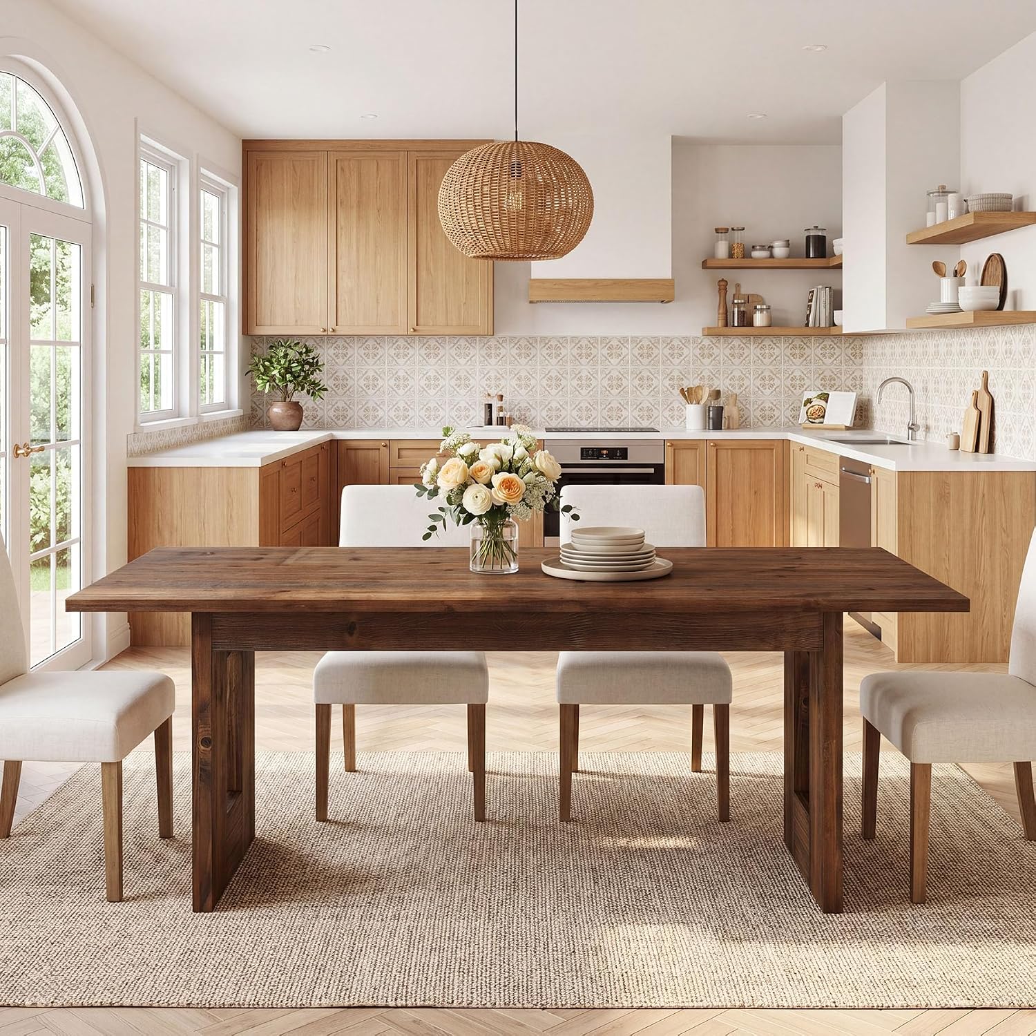 63" Solid Wood Dining Table for 4-6 People, Rustic Rectangular Wood Kitchen Table with Thick Top & Heavy-Duty Legs for Dining Room, Living Room, Rustic Brown
