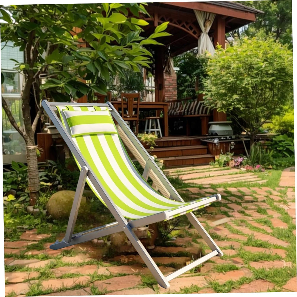 Striped Cotton Canvas Sling Chair Replacement Fabric with Pillow – Patio Kit Fits Most Folding Lounge Chairs, Green & White