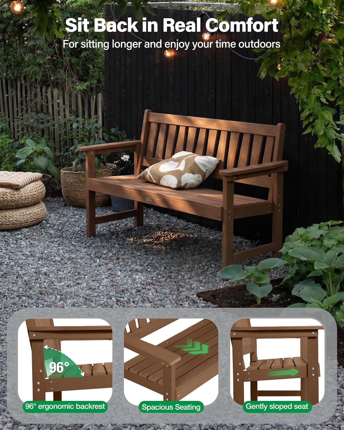 YEFU Outdoor Bench Weatherproof for Patio: 2-Person HIPS All Weather Garden Benches - Comfortable & Heavy Duty Patio Benches for Front Porch Backyard Park - Outside Furniture Bench, Teak