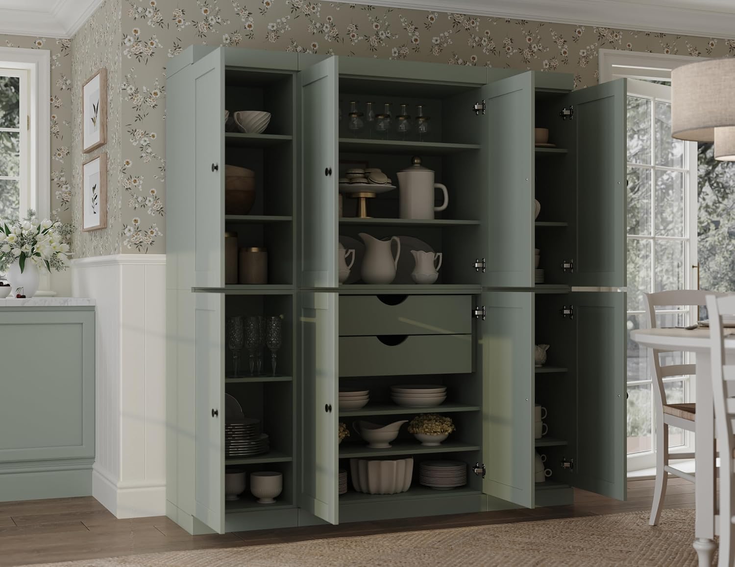 Palace Imports Solid Wood Pantry Cabinet – 71.5" Tall x 65" Wide - Wooden Storage Cabinet w/ 8 Shaker Doors, 2 Drawers, 12 Adjustable Shelves - Kitchen Cupboard - Sage, 100% Eco-Friendly Pine Wood