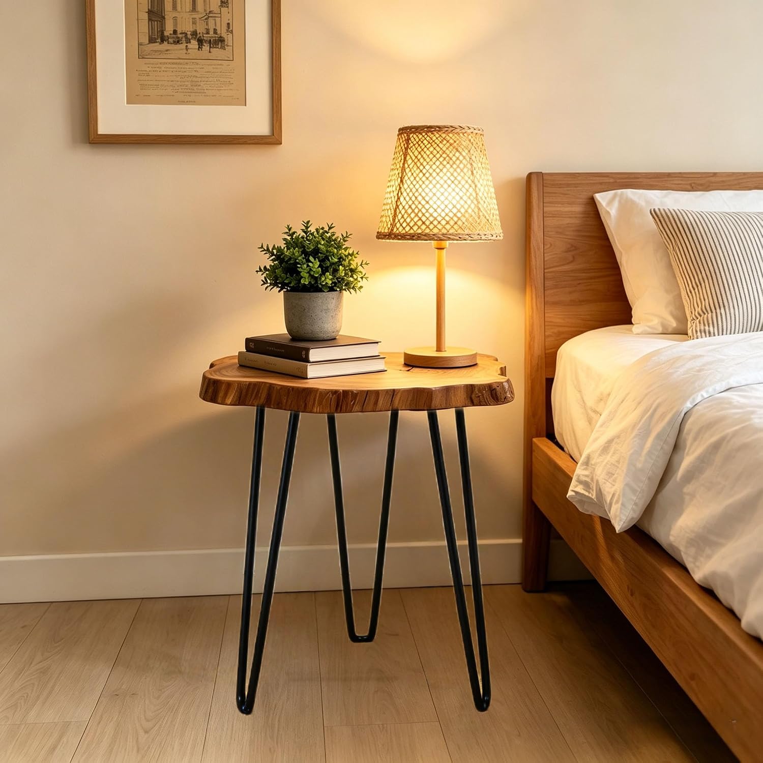Live Edge Side Table, Natural Edge Wood End Table with Hairpin Legs, Unique Natural Wood Table for Living Room, Bedroom, Farmhouse Decor (Medium)