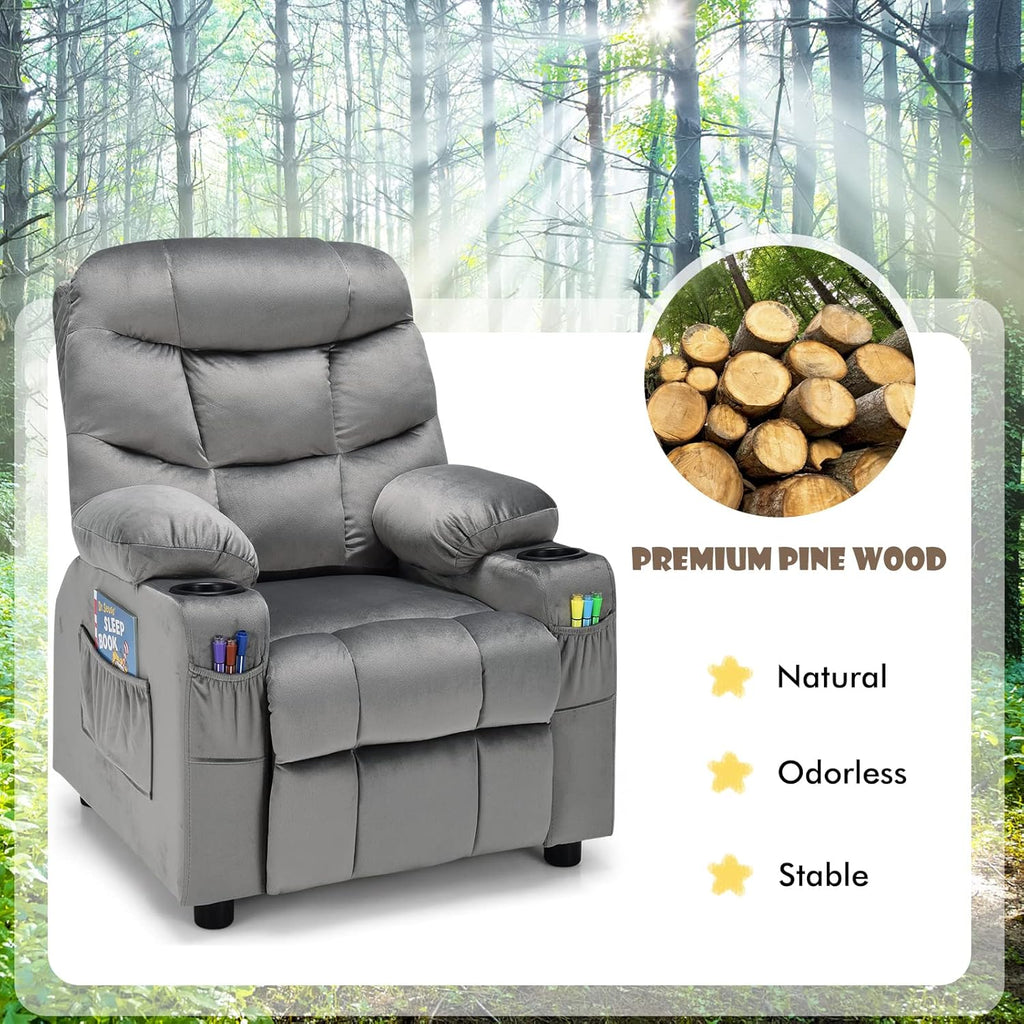 COSTWAY Larger Kids Recliner Chair, Adjustable Lounge Recliner w/ 2 Cup Holders, 1 Side Pocket, 2 Front Pockets, Footrest, Velvet Fabric Recliner for Boys & Girls, Ideal for Bedroom (Grey)