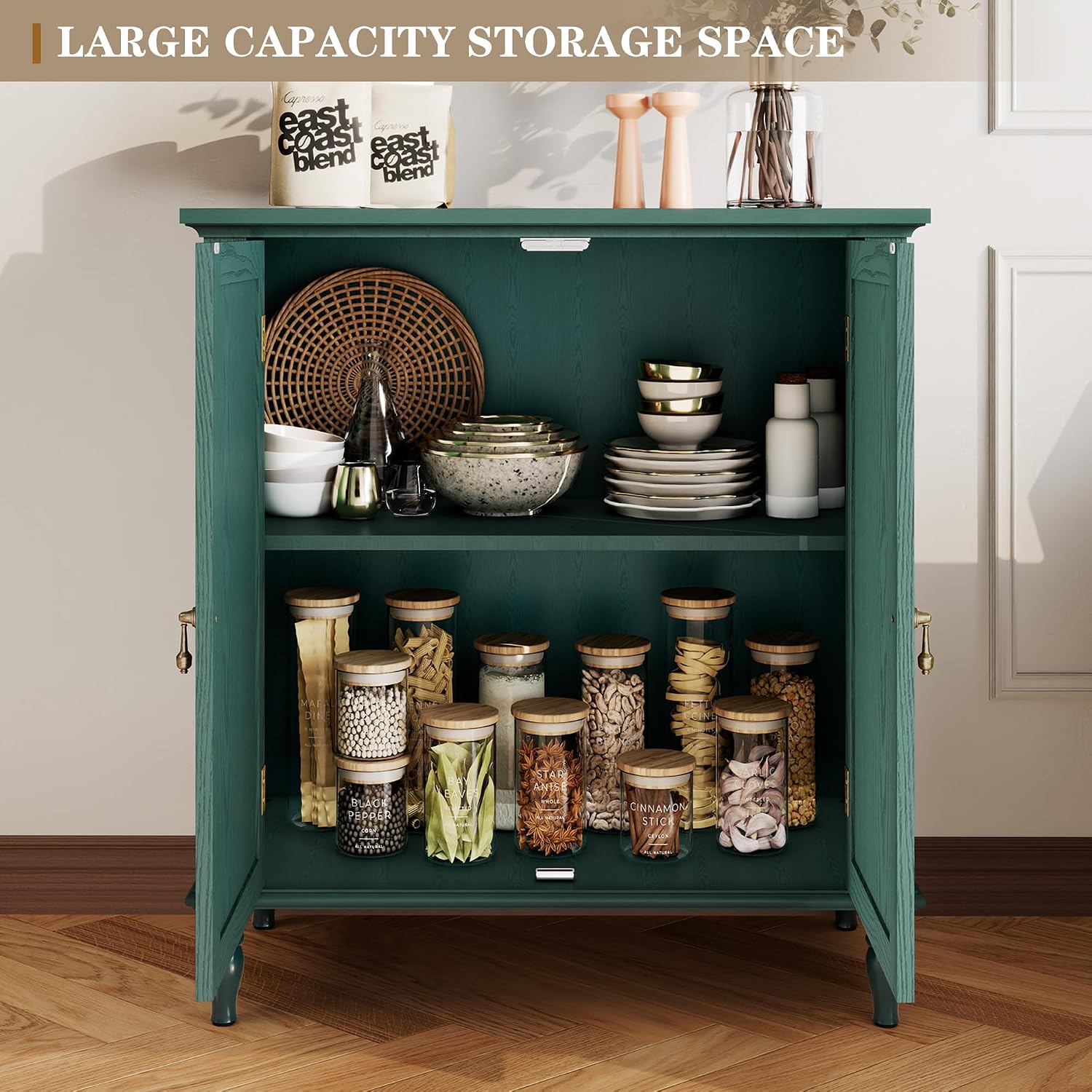 ARTPOWER Sideboard Buffet Cabinet with Storage, Retro Wood Accent Cabinet with 2 Doors, Credenza with Adjustable Shelves for Living Room, Dining Room, Entryway, Green