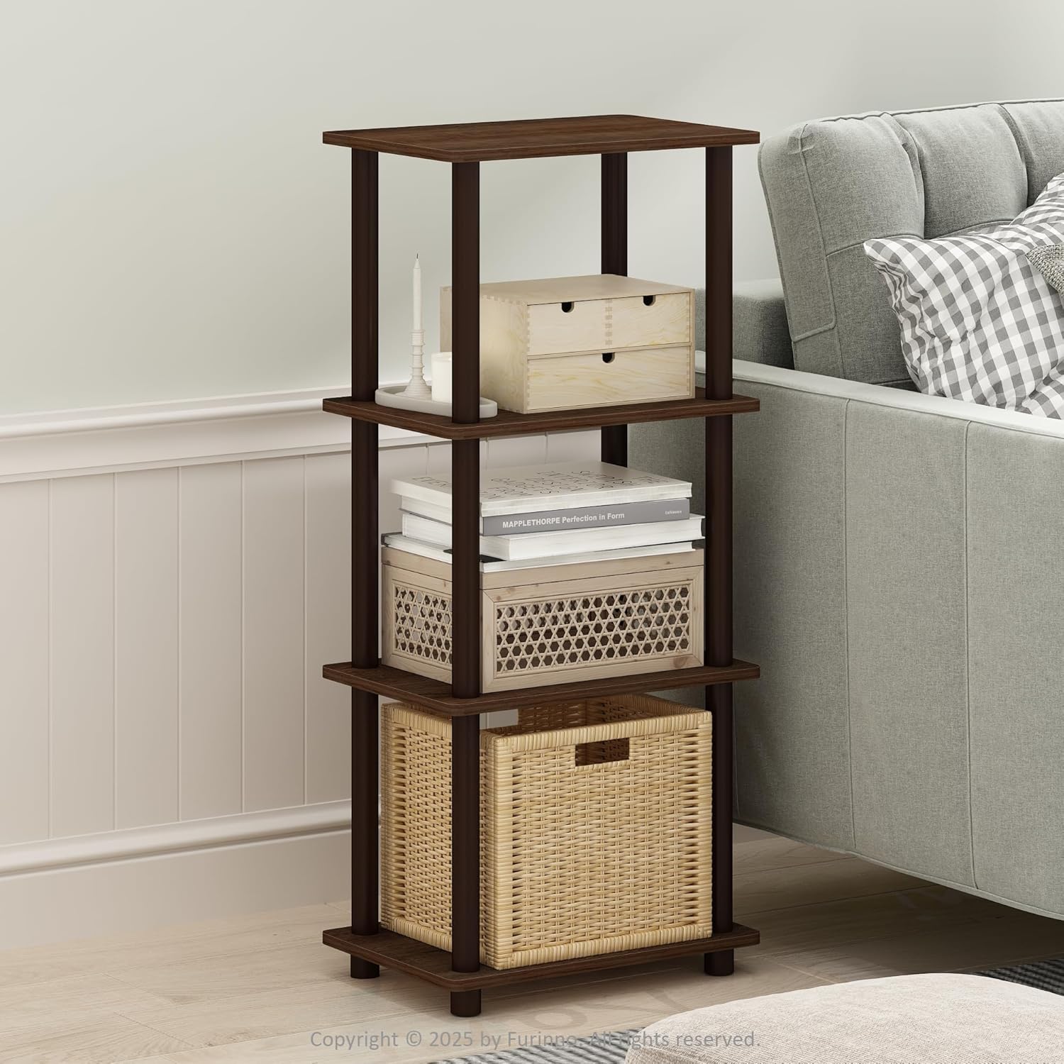 Furinno Turn-N-Tube Side Table, 3-Tier End Table with Open Shelf, Easy Assembly Night Stand, Bedside Table with Round Tube, for Living Room, Bedroom, Walnut