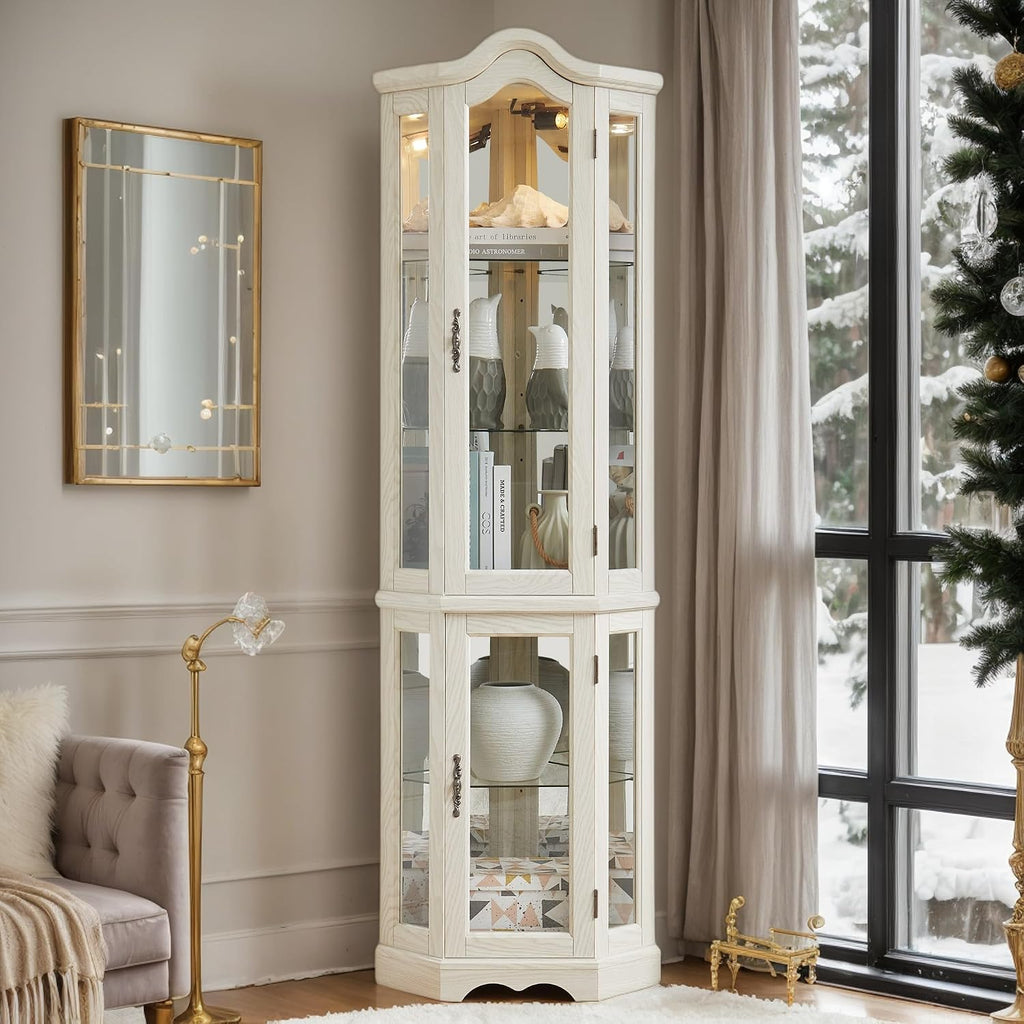 Corner Curio Cabinet, 70.5" Lighted Glass Display Case with 5 Adjustable Tempered Glass Shelves, Light Bulb Included, Wine Cabinet Rack for Bar and Liquor Storage (White)