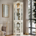 Corner Curio Cabinet, 70.5" Lighted Glass Display Case with 5 Adjustable Tempered Glass Shelves, Light Bulb Included, Wine Cabinet Rack for Bar and Liquor Storage (White)