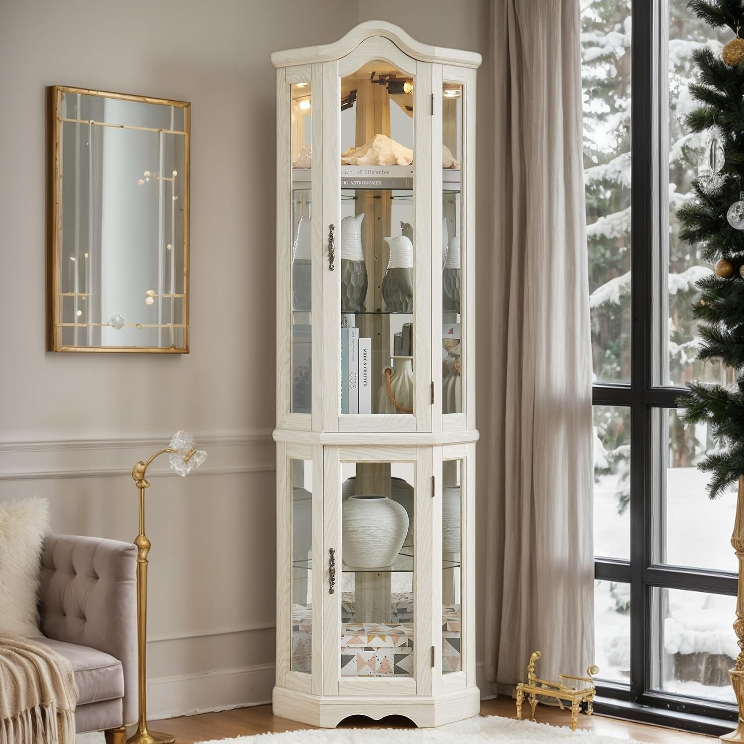 Corner Curio Cabinet, 70.5" Lighted Glass Display Case with 5 Adjustable Tempered Glass Shelves, Light Bulb Included, Wine Cabinet Rack for Bar and Liquor Storage (White)