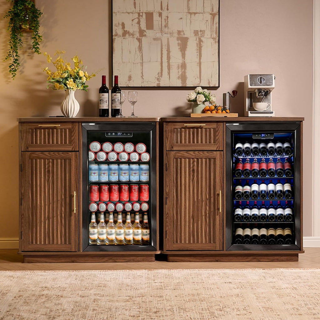 Okvnbjk Mini Fridge Cabinet with Storage & Power Outlet, Walnut | Coffee Bar Cabinet with Fridge Space, Fluted Bar Cabinet for Living Room, Dining Room, Dorm