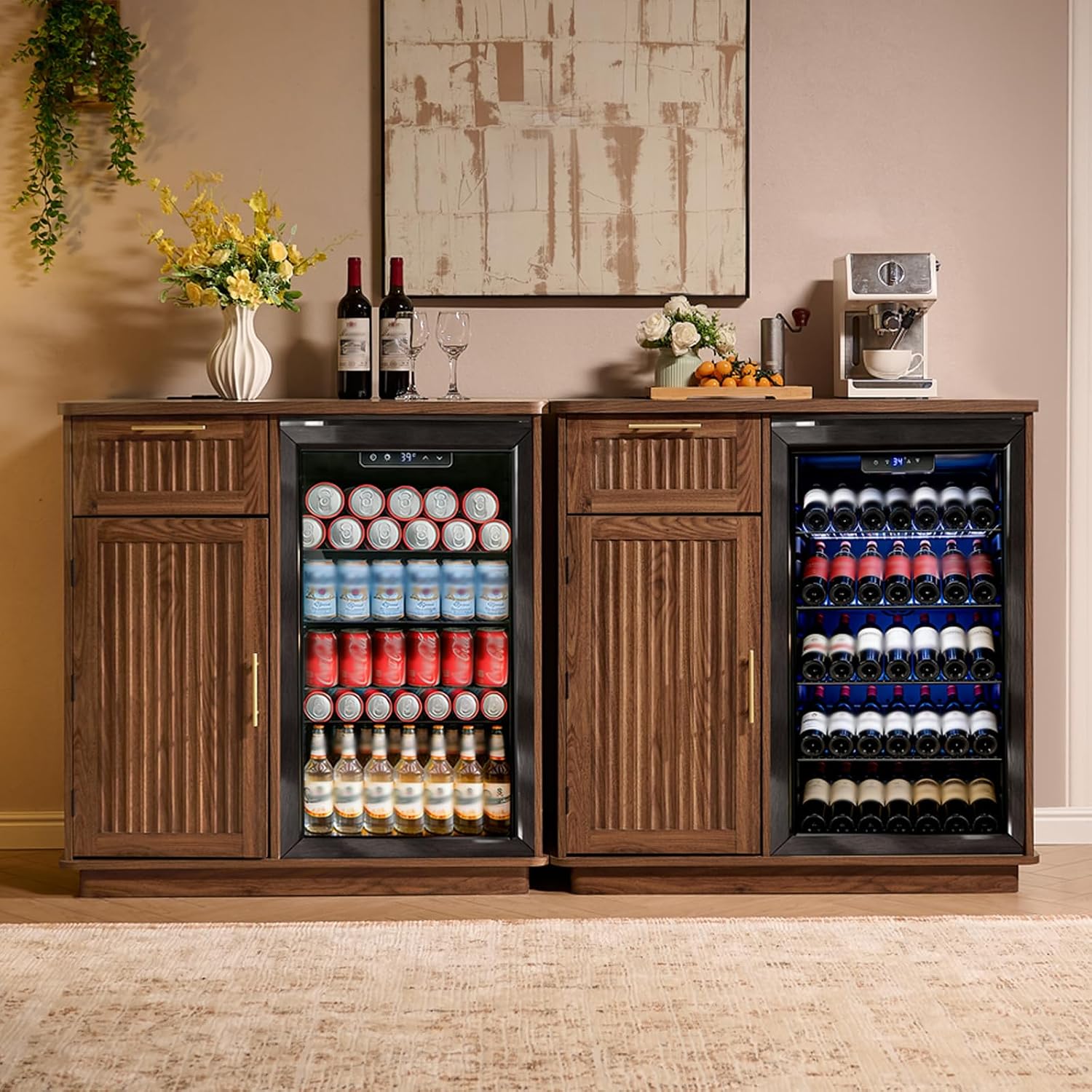 Okvnbjk Mini Fridge Cabinet with Storage & Power Outlet, Walnut | Coffee Bar Cabinet with Fridge Space, Fluted Bar Cabinet for Living Room, Dining Room, Dorm