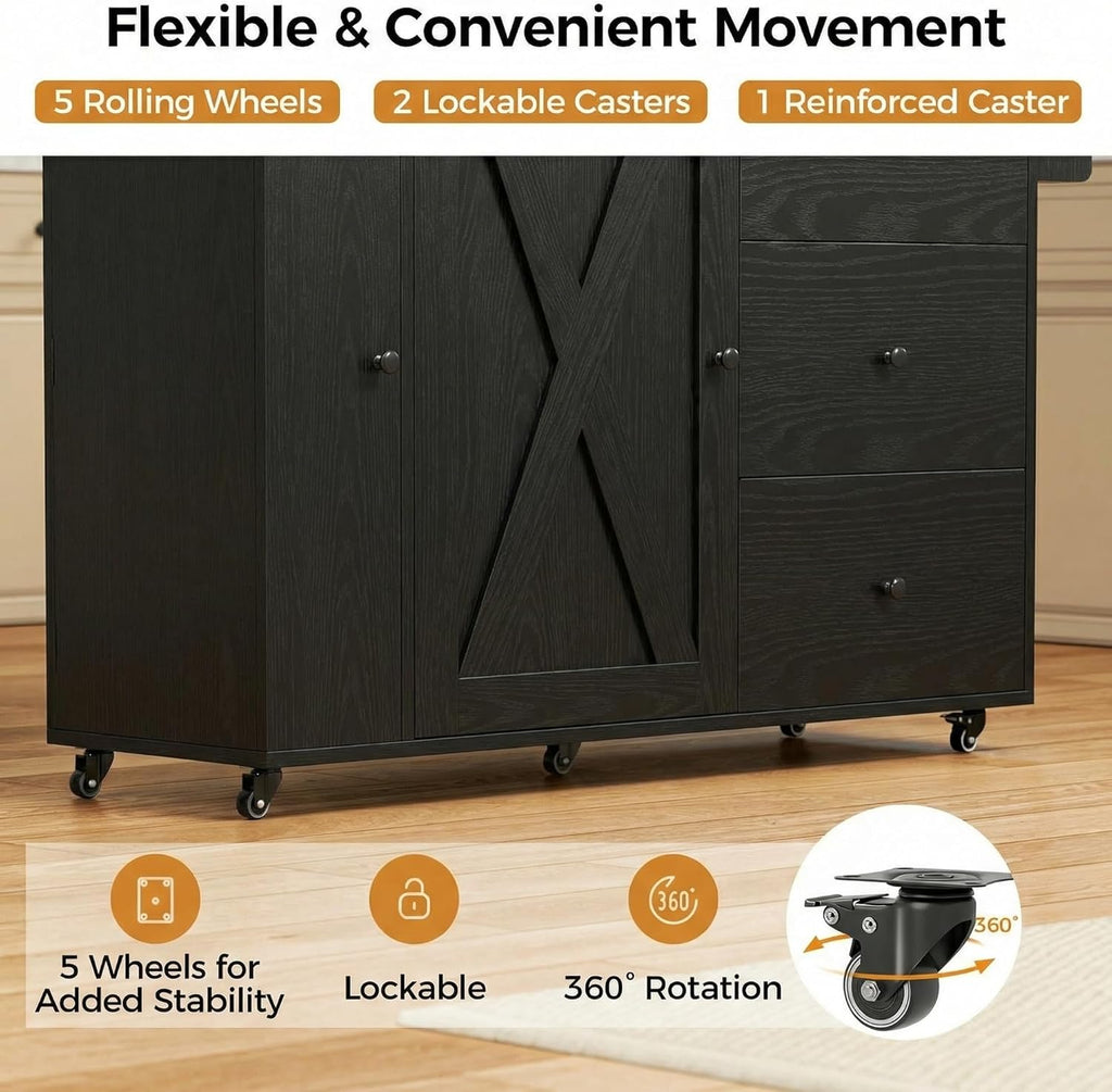 IRONCK Kitchen Island with Storage, 47.2in Rolling Island on Wheels, Kitchen Cart with Drop Leaf, 3 Spacious Drawers, Storage Cabinets and Towel Rack for Home, Dining Room