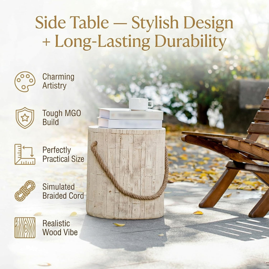 Merax Outdoor Wood Grain Rustic MGO Side Table with Realistic Wood Vibe & Simulated Braided Cord, Cylindrical End Table for Home, Office, Living Room & All-Weather Patio Outdoor Decor