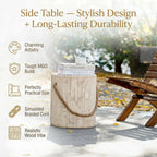 Merax Outdoor Wood Grain Rustic MGO Side Table with Realistic Wood Vibe & Simulated Braided Cord, Cylindrical End Table for Home, Office, Living Room & All-Weather Patio Outdoor Decor