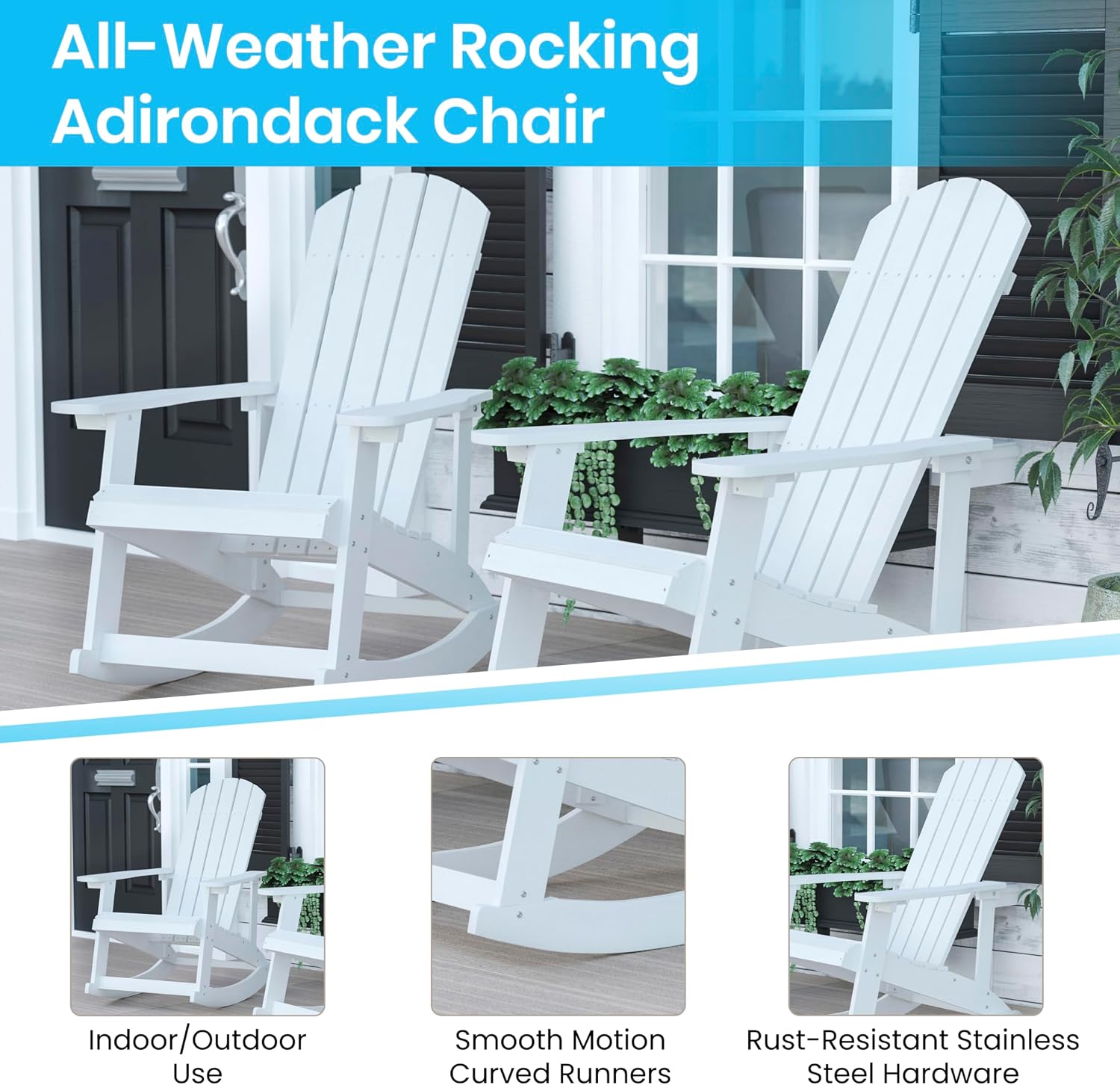 Flash Furniture Savannah Poly Resin Wood Adirondack Rocking Chair - All Weather White Polystyrene - Stainless Steel Hardware - Set of 2