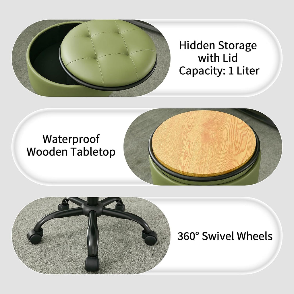 FIRAVOE Rolling Stools with Wheels (Chair & Small Table in One) (Adjustable Height Barber Chair 20.67"-24.61"), Green Ergonomic Stool with Storage