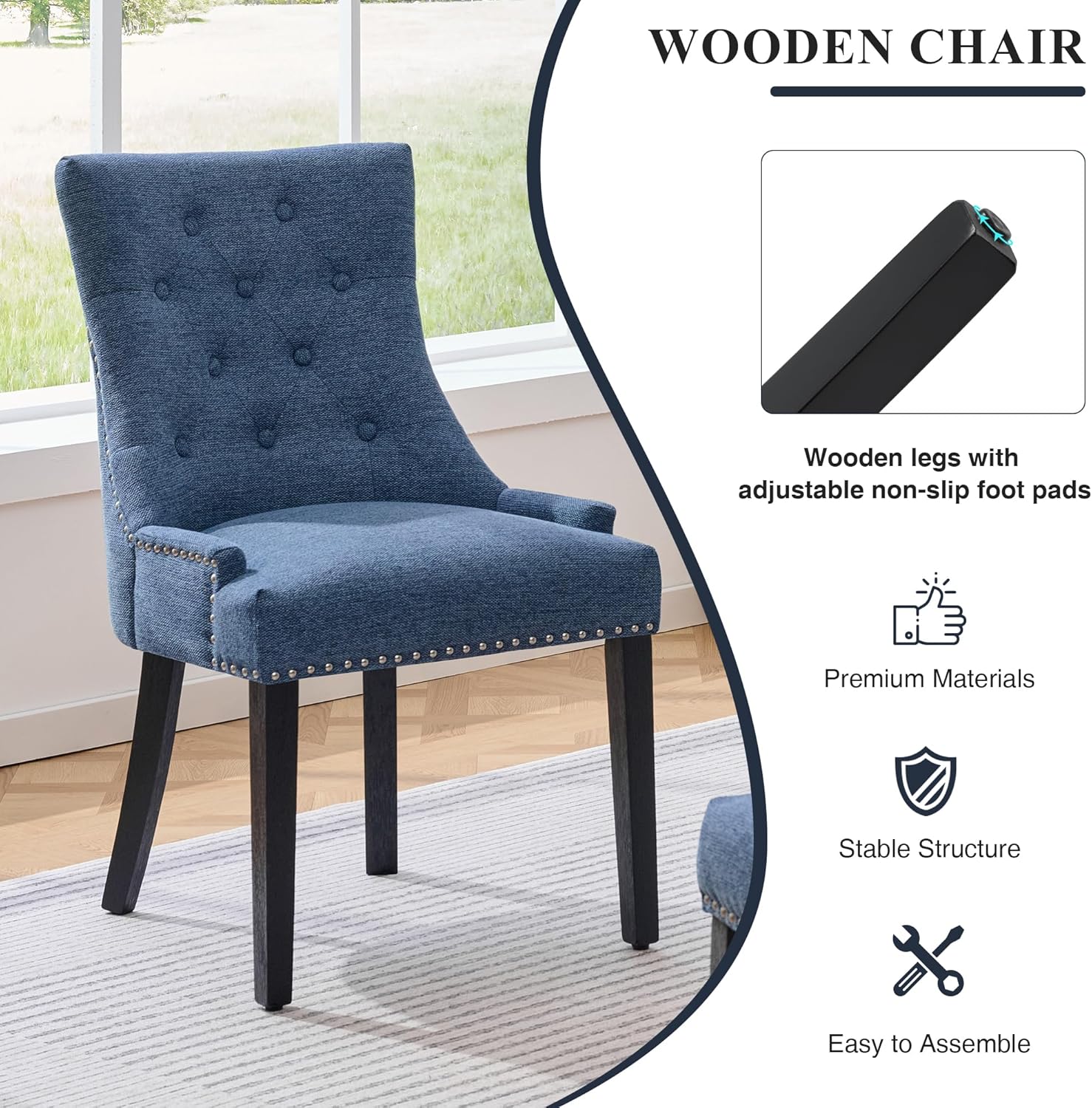 adochr Dining Chairs Set of 4, Upholstered Fabric Dining Room Chairs with Nailhead High Back & Ring Pull & Wooden Legs, Mid-Century Modern Kitchen Chairs for Restaurant, Living Room, Navy Blue
