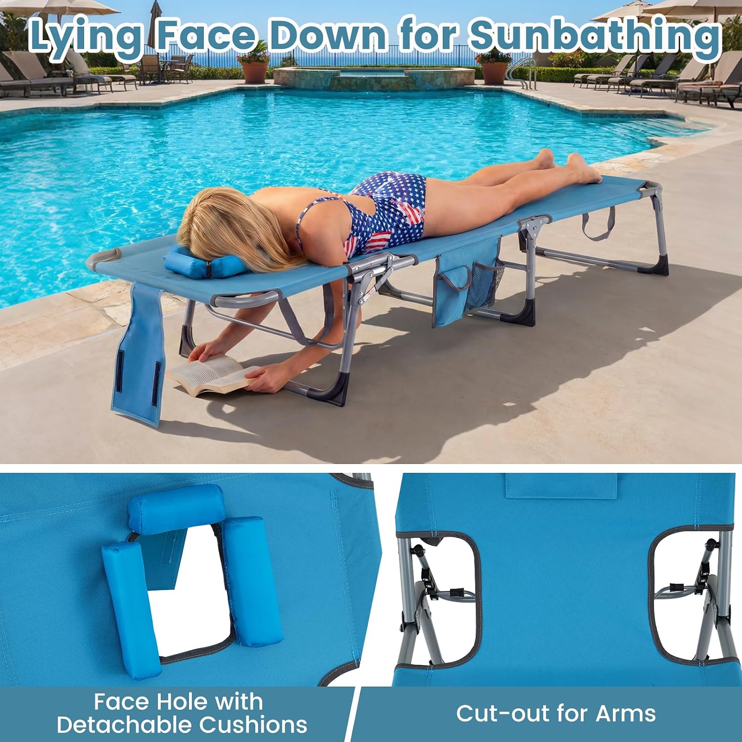 Goplus Tanning Chair, Folding Adjustable Patio Lounge Chair with Face Hole, Removable Pillow, 330LBS, Carry Strap, Outdoor Sunbathing Chair, Lightweight Portable Beach Lounge Chair (1, Navy)