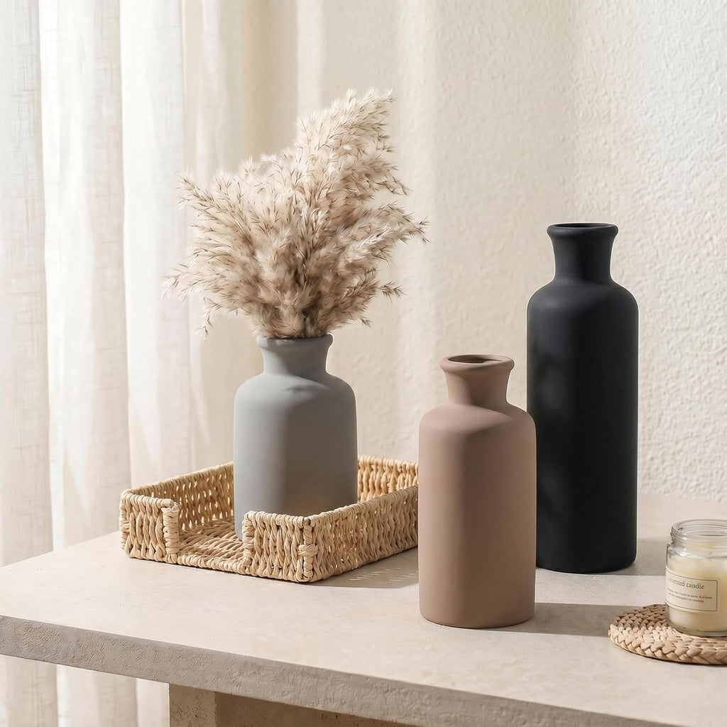 Ceramic Vase Set of 3, Modern Minimalist Neutral Home Decor, Boho Rustic Farmhouse Decorative Vases for Pampas Grass Dried Flowers | Table Centerpiece Entryway Mantel Bookshelf(Black Mix Set - Gray#2)