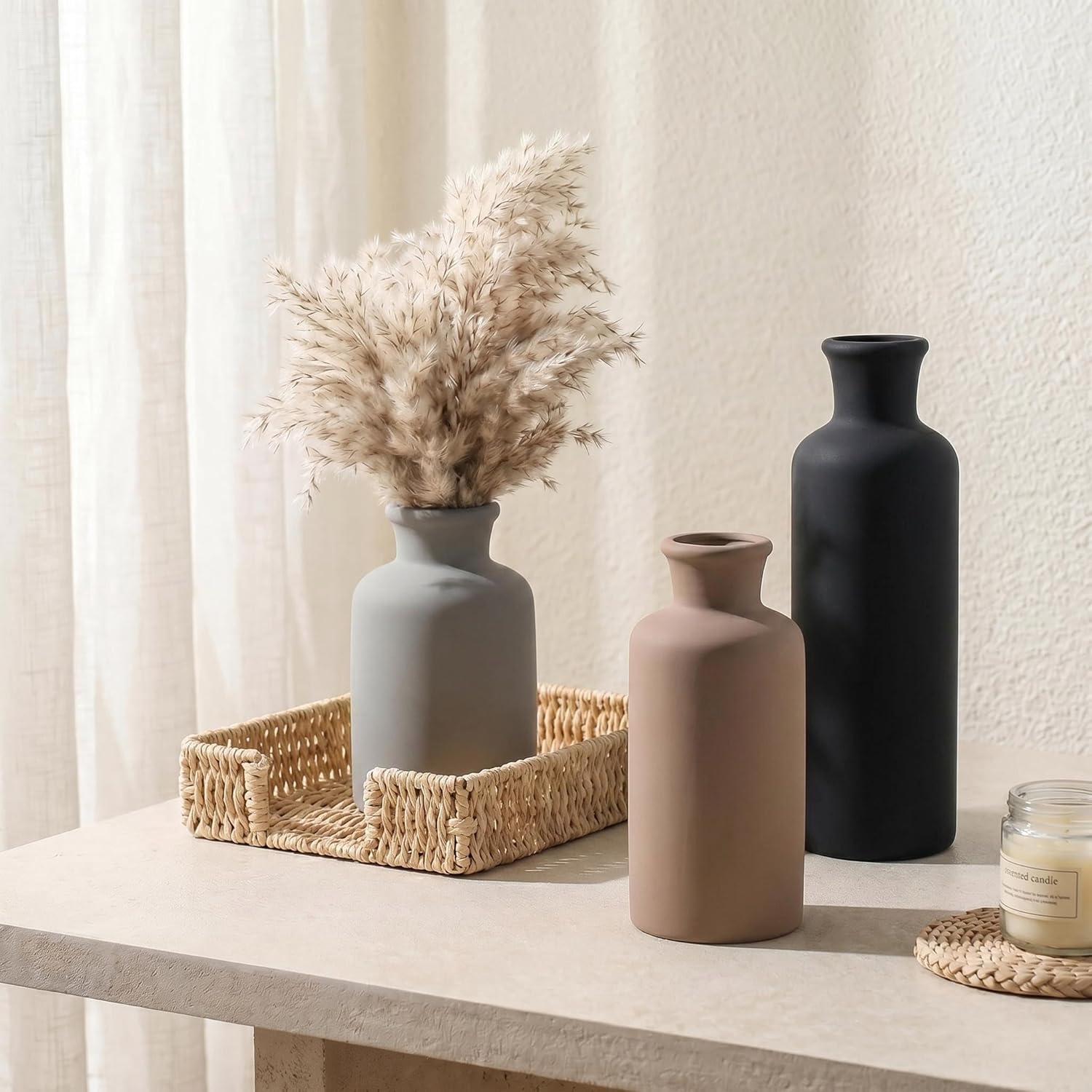 Ceramic Vase Set of 3, Modern Minimalist Neutral Home Decor, Boho Rustic Farmhouse Decorative Vases for Pampas Grass Dried Flowers | Table Centerpiece Entryway Mantel Bookshelf(Black Mix Set - Gray#2)