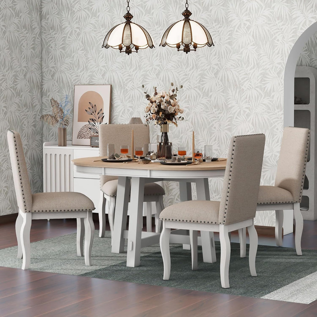 Knocbel Farmhouse 4-Person Extendable Dining Table Set, 5-Piece Dinette Set with Upholstered Nailhead Trim Chairs, Kitchen Dining Room Small Space Furniture Set (Oak Natural and Antique White)