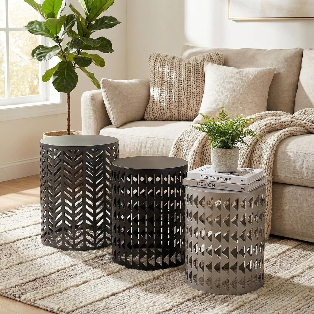 Outdoor Side Table, Outdoor Nesting Tables Set of 3, Patio Side Table End Table for Outside Living Room Balcony Garden Outdoor Indoor (Black & Gray)