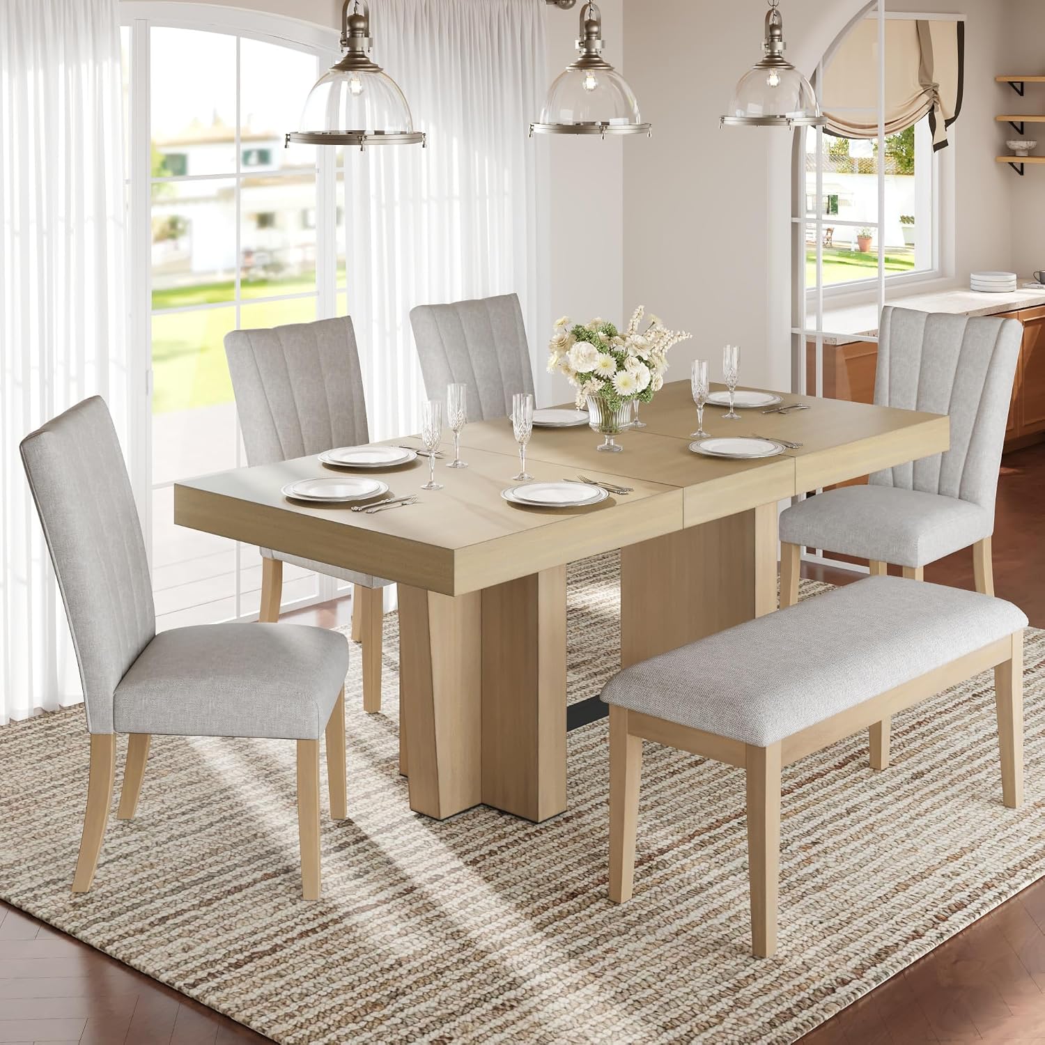 LUMISOL Farmhouse Dining Table Set for 6, Extendable Kitchen Table Set with Bench and 4 Upholstered Chairs, 3.8inch Thick Tabletop and Trestle Legs for Kitchen, Dining Room, Natural+Beige