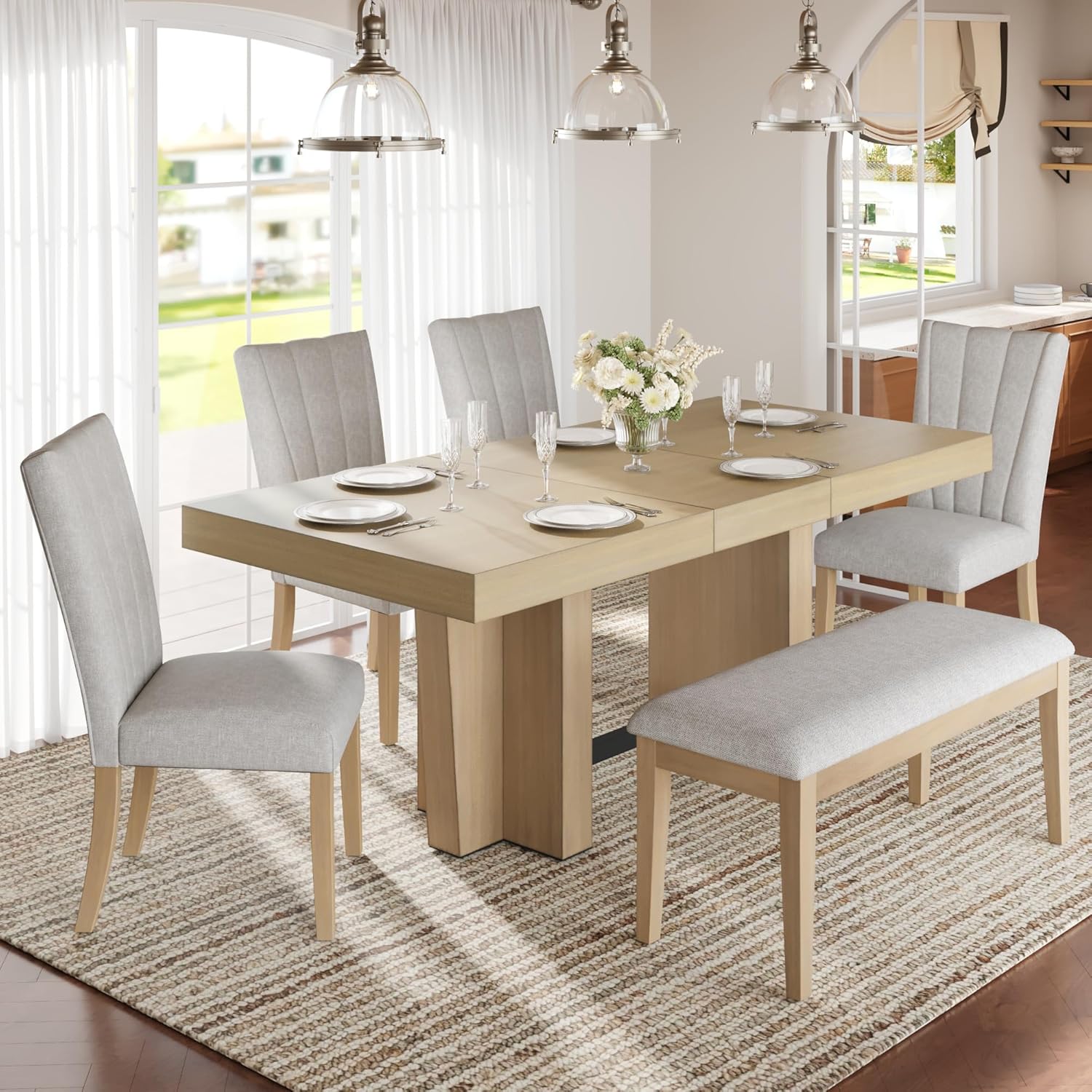 LUMISOL Farmhouse Dining Table Set for 6, Extendable Kitchen Table Set with Bench and 4 Upholstered Chairs, 3.8inch Thick Tabletop and Trestle Legs for Kitchen, Dining Room, Natural+Beige