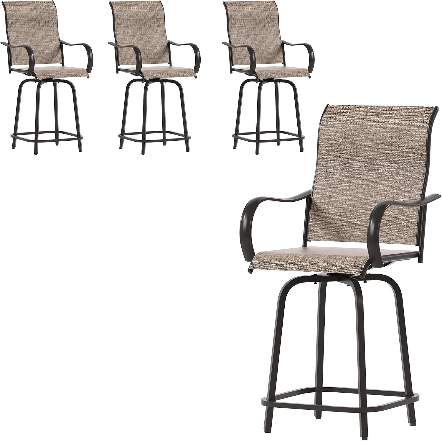 UDPATIO Outdoor Swivel Bar Stools Set of 4,Outdoor High Bistro Stools with Waterproof Textile Fabric,Armrest,Footrest,All Weather Bar Height Patio Chairs for Poolside, Garden, Backyard,Brown