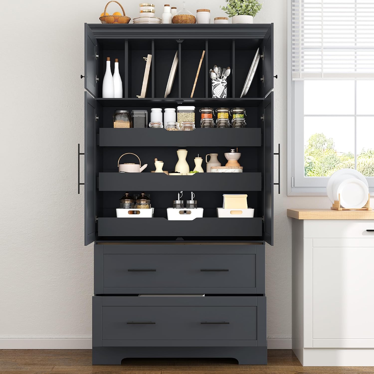 Farmhouse Freestanding Kitchen Pantry, 72.6''H Tall Wooden Kitchen Storage Cabinet with 2 Doors, Pull-out Trays, 2 Drawers and Cake Pan Storage Organizer for Dining Room Living Room (Grey-1.12)