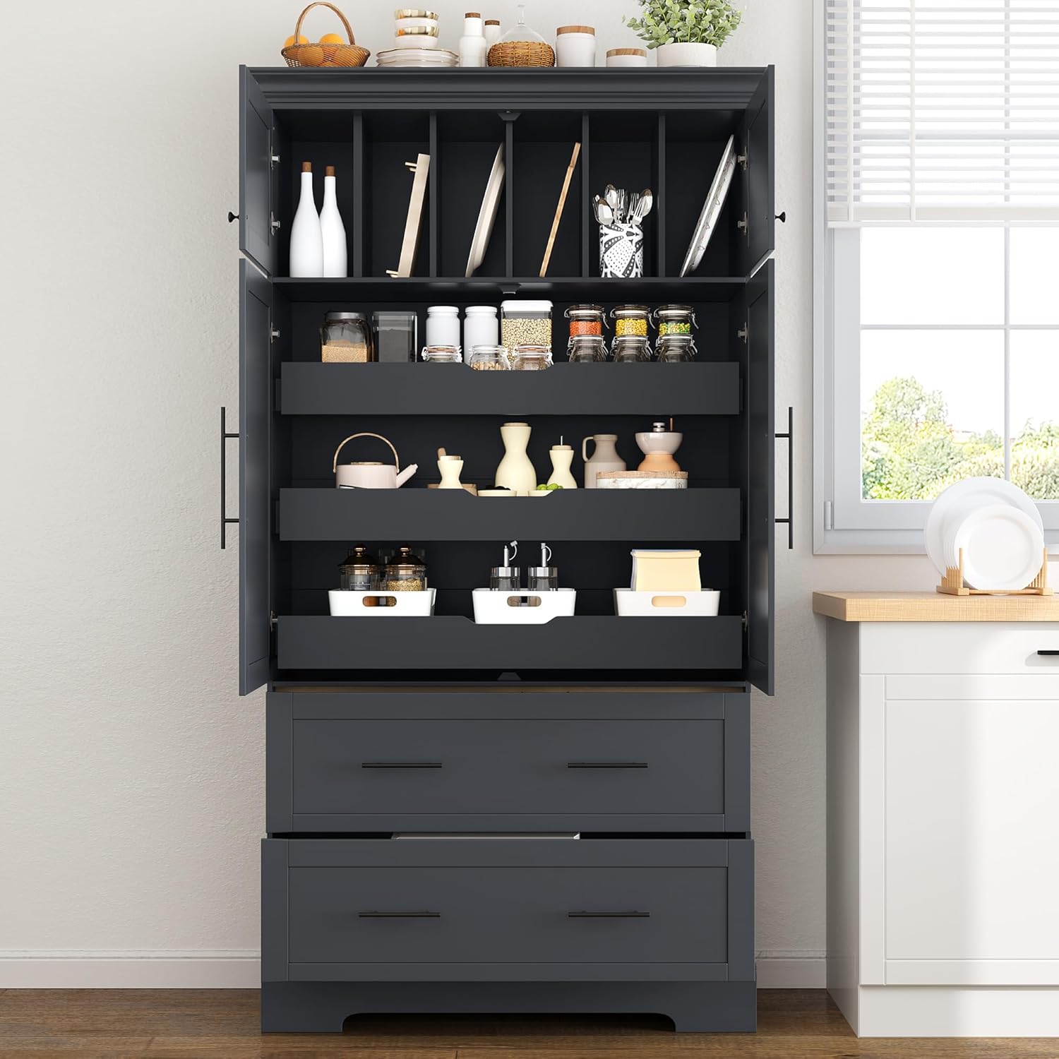 Farmhouse Pantry Cabinet, 72.6''H Freestanding Food Pantry with Pull-Out Trays, Drawers and Cake Pan Storage Organizer, 4 Doors Kitchen Cabinet for Dining Room, Grey