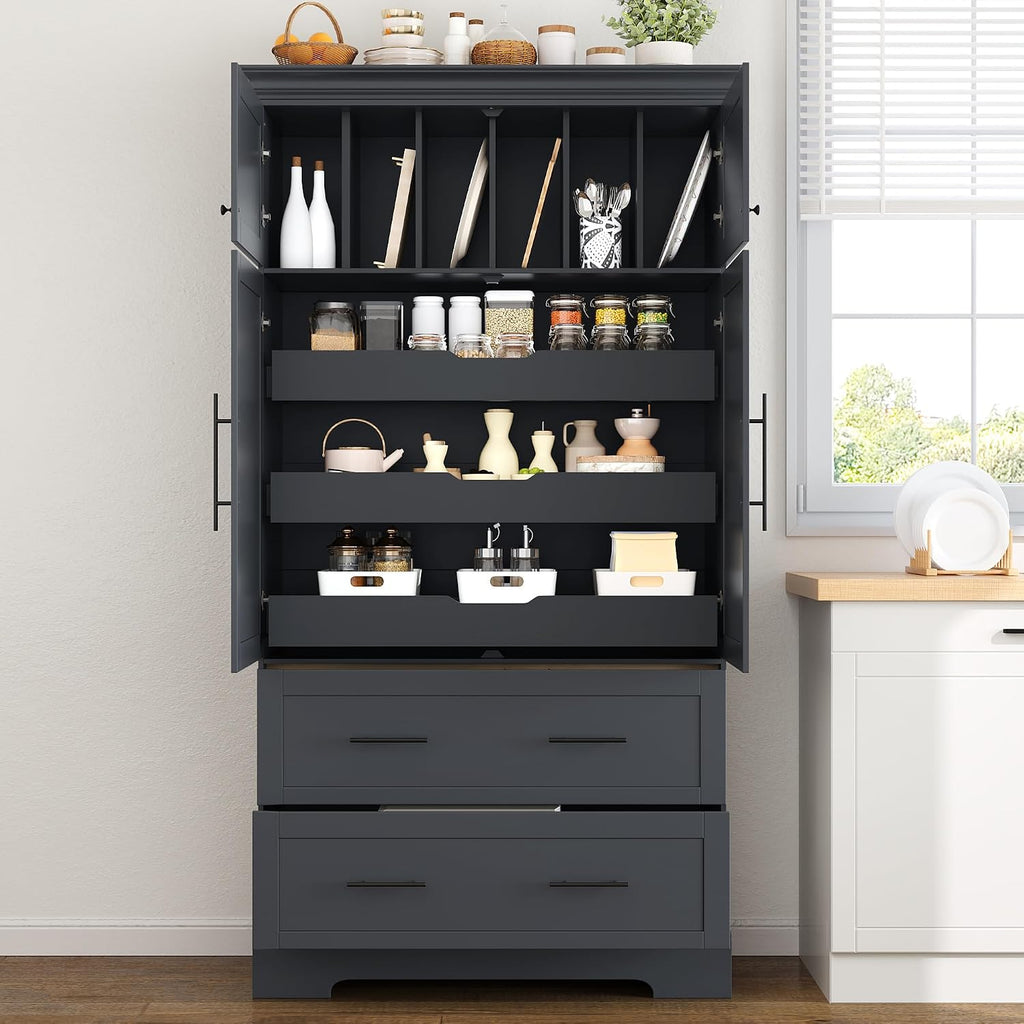Farmhouse Freestanding Kitchen Pantry,4 Doors Dining Storage Cabinet with Pull-Out Trays, Drawers and Cake Pan Storage Organizer,for Dining Room Living Room (Grey-h)