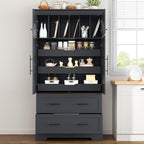 Farmhouse Freestanding Kitchen Pantry,4 Doors Dining Storage Cabinet with Pull-Out Trays, Drawers and Cake Pan Storage Organizer,for Dining Room Living Room (Grey-h)