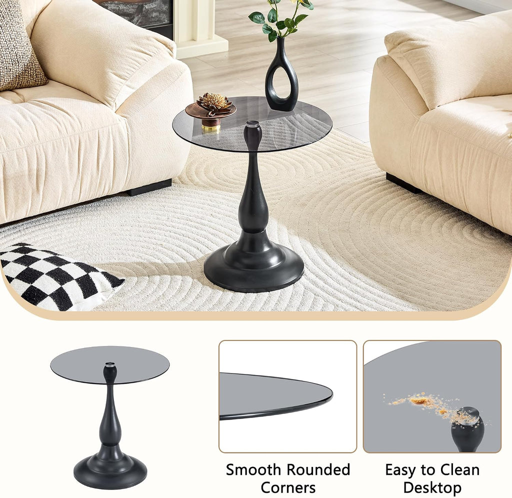 Modern Round Side Table, Gray Glass Top End Table with Black Metal Pedestal Base, Elegant Small Accent Side Tables for Living Room, Bedroom, Corner, and Office