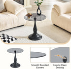 Modern Round Side Table, Gray Glass Top End Table with Black Metal Pedestal Base, Elegant Small Accent Side Tables for Living Room, Bedroom, Corner, and Office