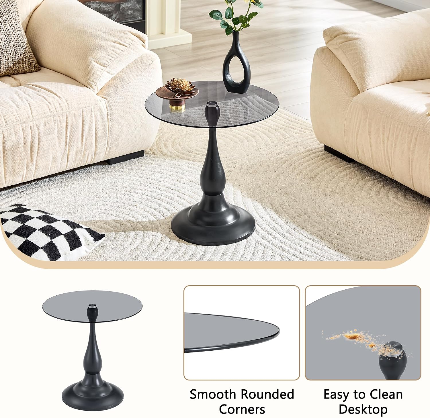 Modern Round Side Table, Gray Glass Top End Table with Black Metal Pedestal Base, Elegant Small Accent Side Tables for Living Room, Bedroom, Corner, and Office