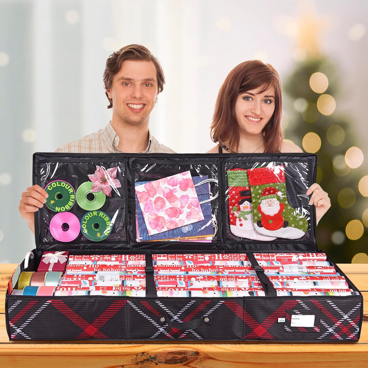 Propik Wrapping Paper Storage Container | Gift Wrap Organizer Under Bed | 41”x14”x6” | Box Holder for 18-24 Rolls Up to 40” | 600D Oxford Material | Pockets for Ribbon, Bows and Accessories (Plaid)
