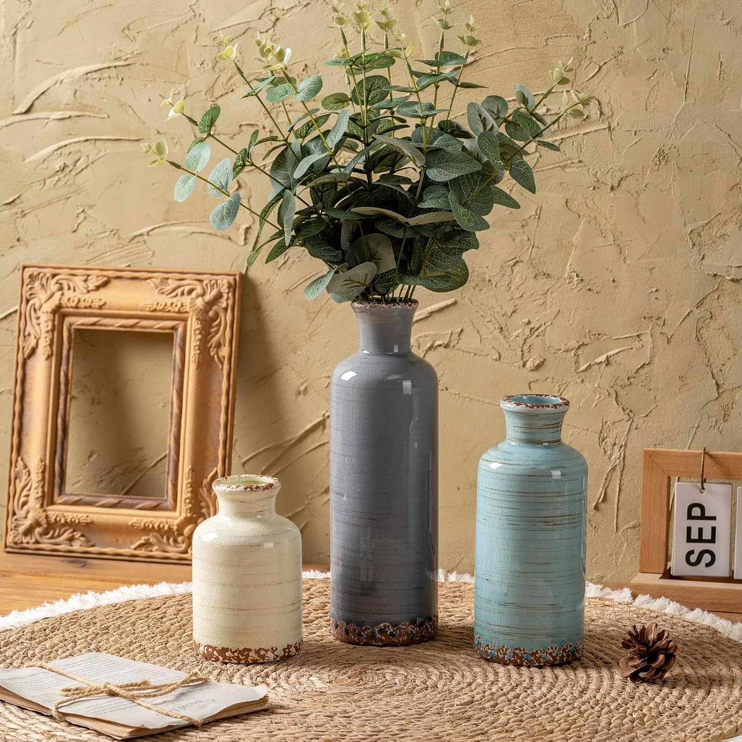 Ceramic Vases Set of 3, Modern Rustic Decorative Flower Vases for Farmhouse Home Decor, Table Shelf Mantel, Living Room, Entryway, Kitchen Centerpiece – Modern Rustic
