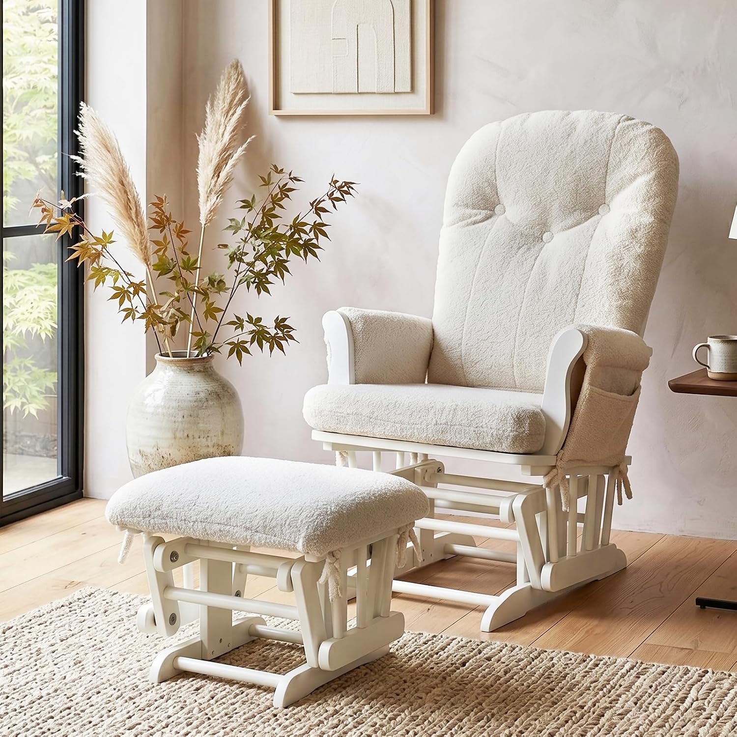 ANMINY 5pcs Glider Rocker Replacement Cushions Set with Ottoman Cover, 3.5Inch Thickened Fleece Glider Rocking Chair Cushions with 29.5Inch Tufted Backrest & Side Pockets for Indoor Nursery, Beige