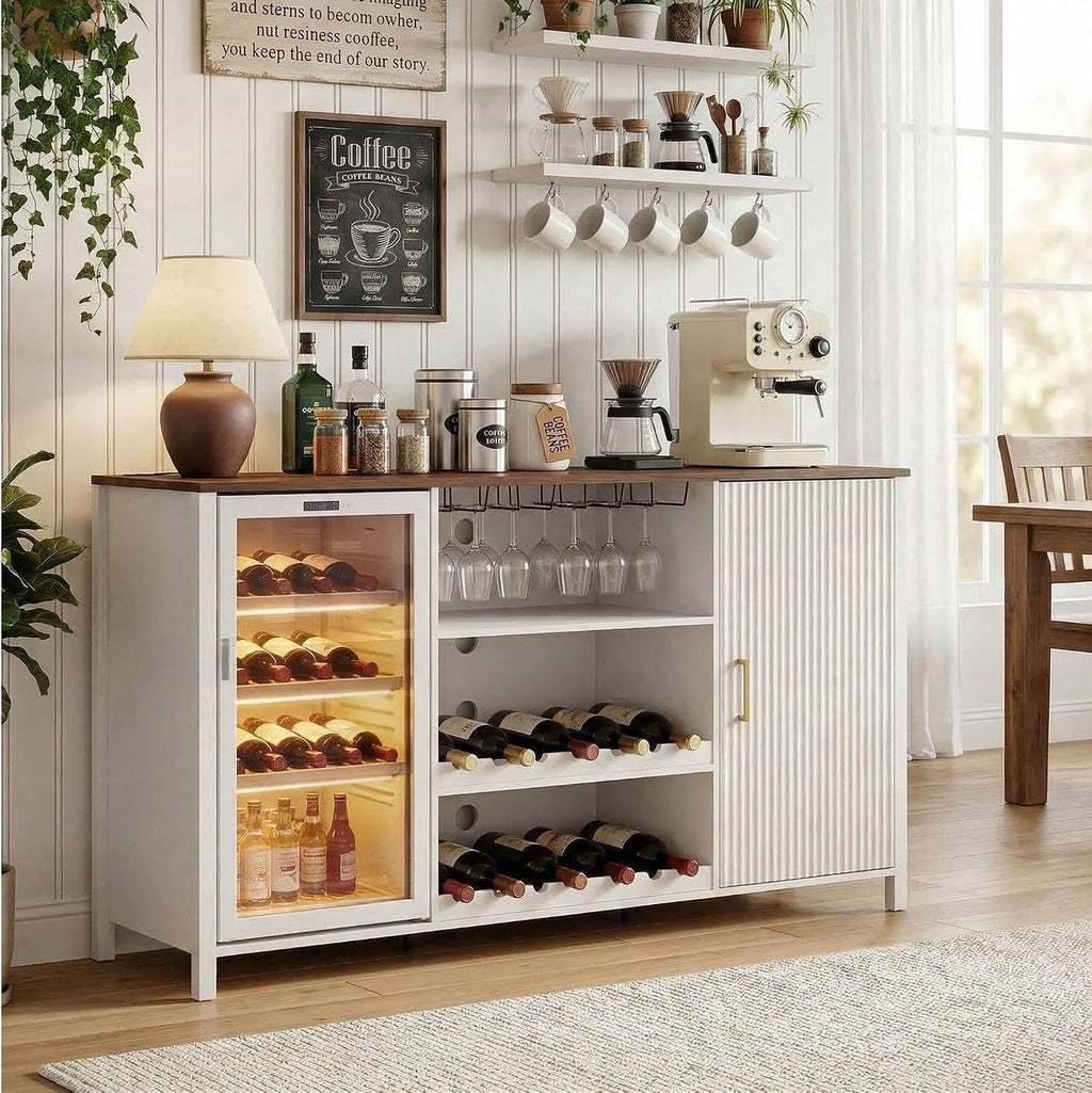 70" Large Coffee Bar Cabinet with Power Outlet, Mini Fridge Cabinet with Adjustable Shelf Wine Rack Glass Holder Liquor Wine Bar Storage, White Fluted Buffet Sideboard Table for Kitchen Dining Room