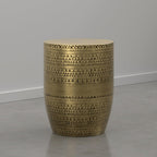 SIMPLIHOME Johnsen Tribal Accent Table – 15 inch Wide Round Metal Drum Table in Burnished Gold, Boho Modern Side Table for Living Room with Embossed Tribal Pattern, Assembled