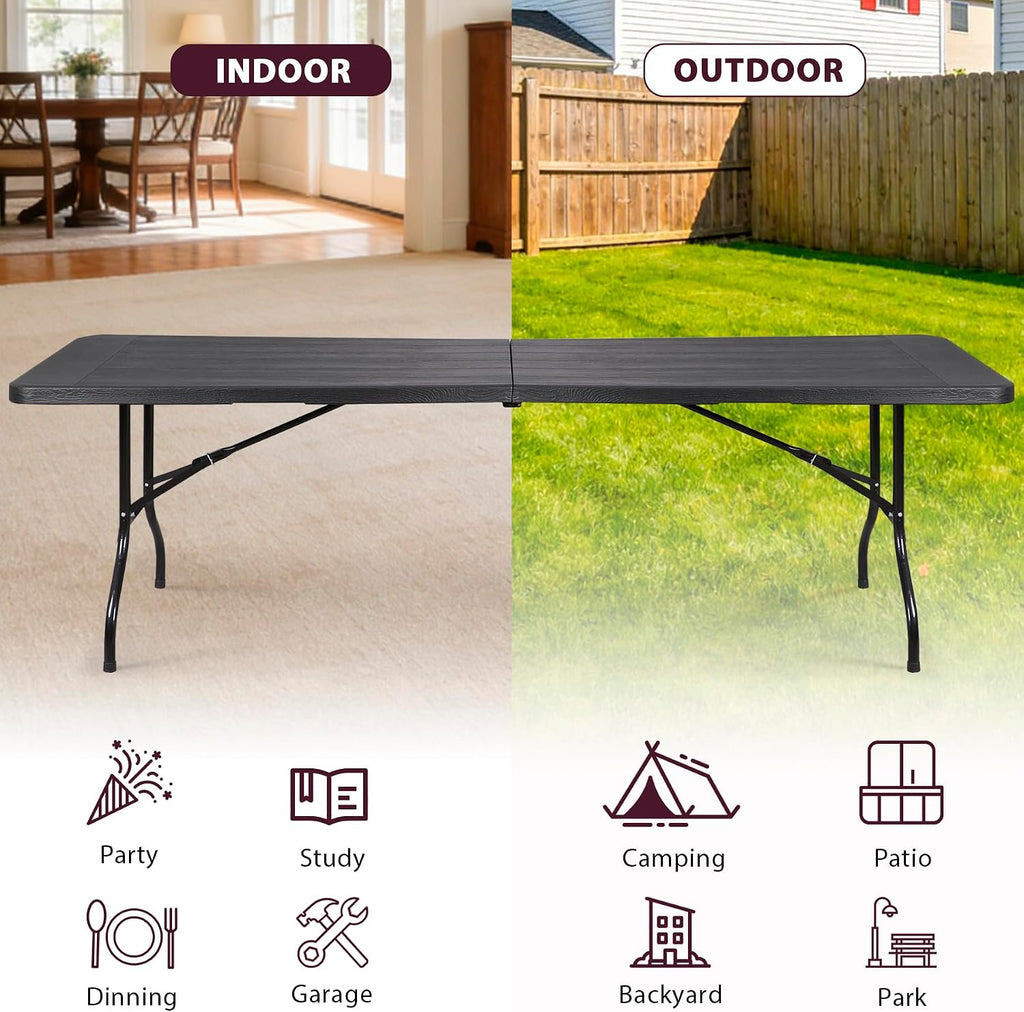 Folding Event Table, Heavy Duty Picnic Table Indoor Outdoor Camping, 8FT Portable w Handle Lock for Banquet, Black