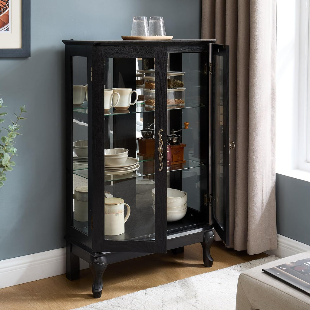 44" Small Lighted Glass Accent Curio Cabinet, Vintage China Cage with 2 Tempered Glass Doors & Adjustable Shelves, Acrylic Mirrored Pane, Elegant Wine Artwork Showcase for Living Room/Kitchen (Black)