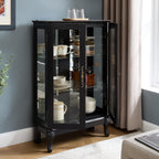 44" Small Lighted Glass Accent Curio Cabinet, Vintage China Cage with 2 Tempered Glass Doors & Adjustable Shelves, Acrylic Mirrored Pane, Elegant Wine Artwork Showcase for Living Room/Kitchen (Black)