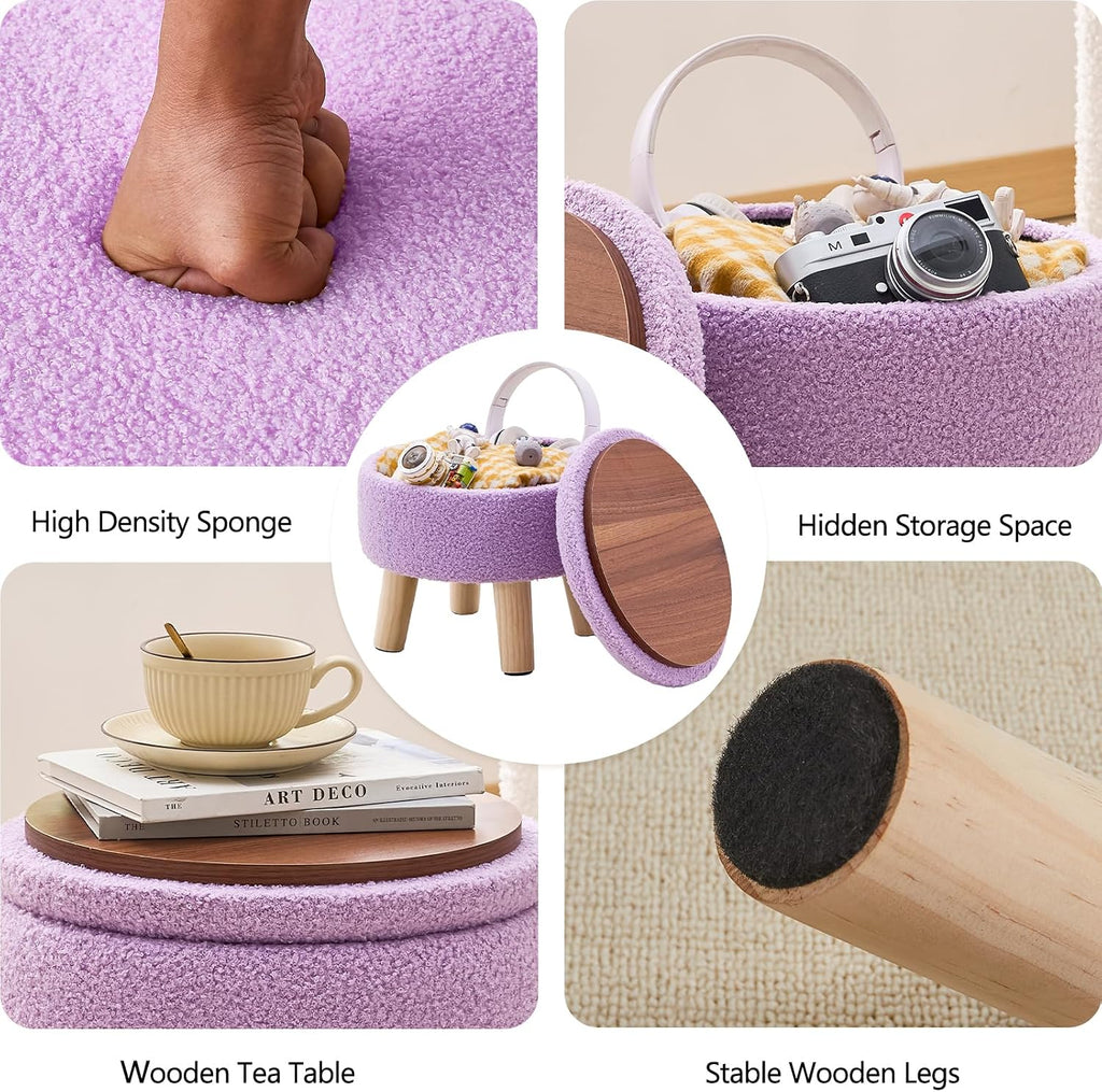 Wimarsbon Storage Ottoman, Modern Round Footrest with Soft Padded Seat, Teddy Velvet Footstool with Wood Legs, Accent Small Table or Plant Stand for Hallway, Living Room (Purple)