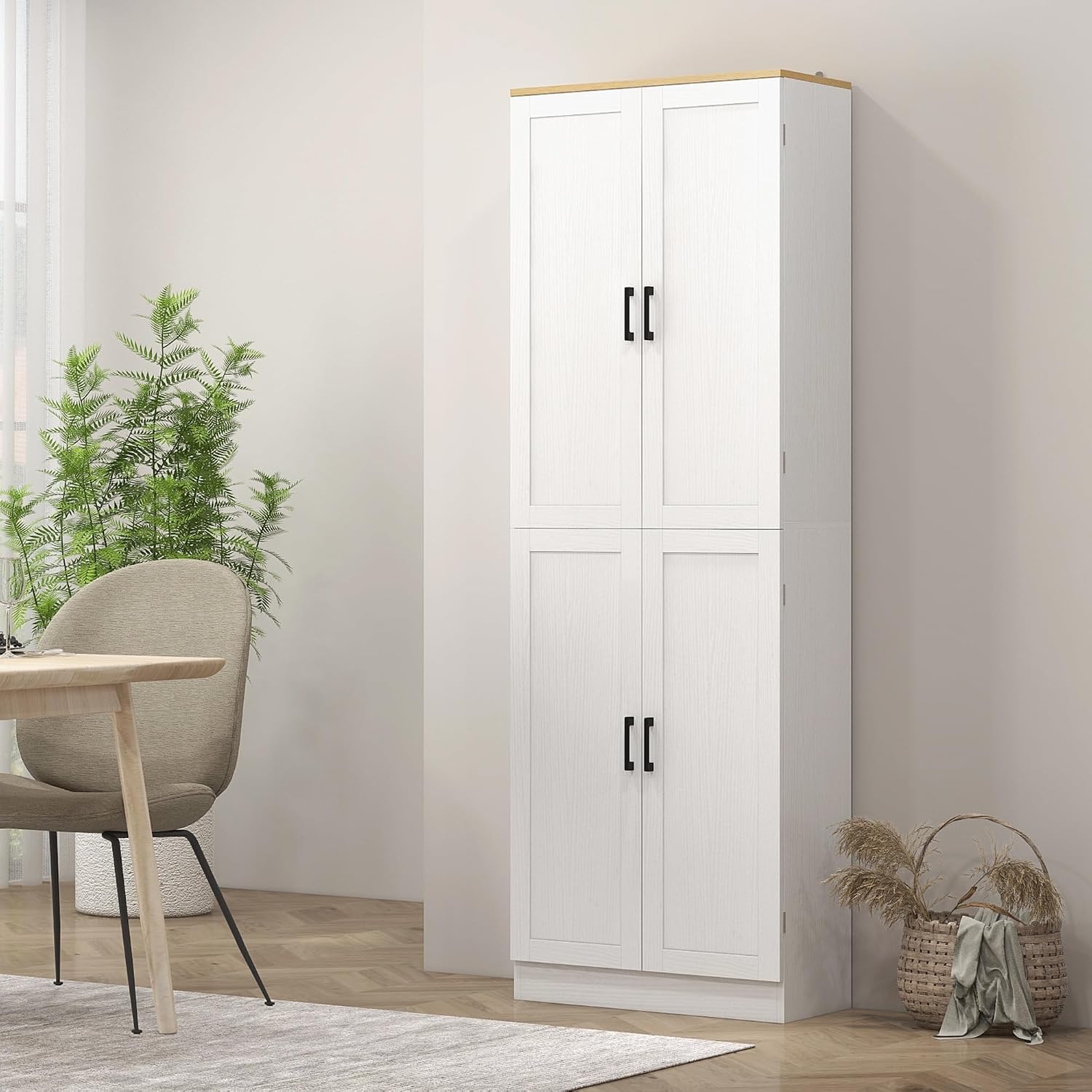 HOMCOM 67" Freestanding Kitchen Pantry, 4-Door Storage Cabinet Organizer with Adjustable Shelves, Kitchen Cabinet with Doors and Shelves, Distressed White
