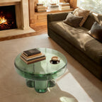 Round Glass End Table, Modern Floral Base Coffee Table Small Accent Side Table for Living Room Bedroom Office 15" or 22" Tabletop