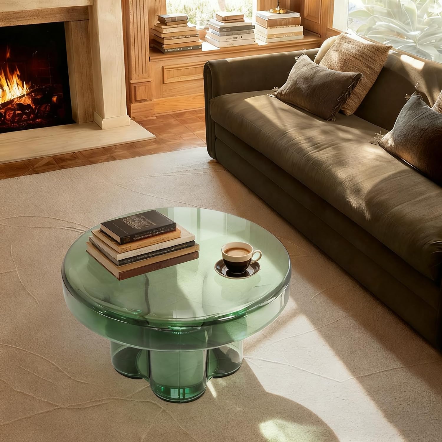 Round Glass End Table, Modern Floral Base Coffee Table Small Accent Side Table for Living Room Bedroom Office 15" or 22" Tabletop