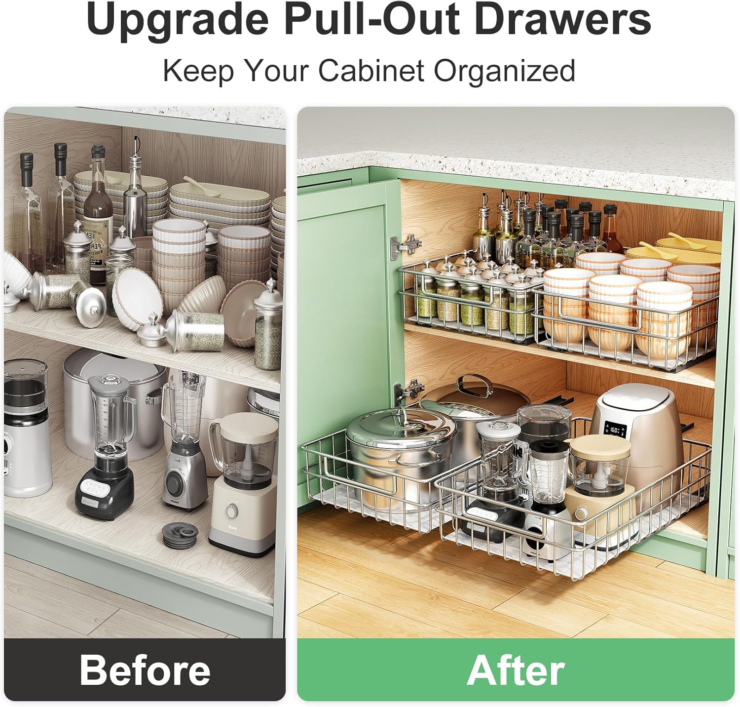 Stainless Steel Pull Out Cabinet Organizer(11.8"W x 16.5"D x 4.7"H)-1 Pack, Minimalist Design Frame, Full-Extension Slide Rails, Easy Installation for Pantry Organizers or Kitchen Cabinet Organizer