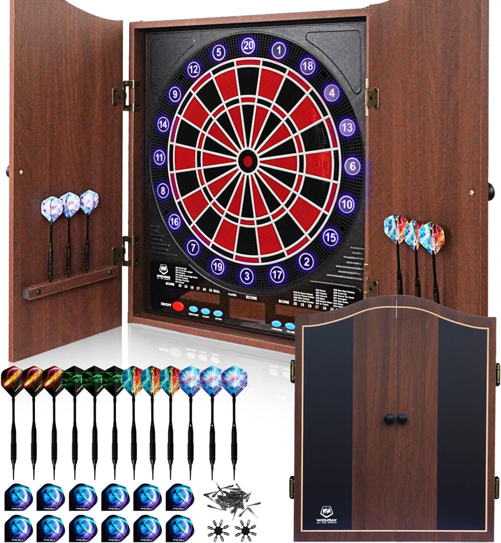 Electronic Dart Board with Cabinet Set, Dartboard with 8-Player Color Light | 3 Large LCD Displays with 34 Games, Automatic Scoring, 12 Darts+100 Tips, Great Gift for Man Cave Game Room Home Bar
