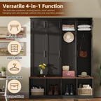 Hall Tree with Bench and Shoe Storage Compartments, Particle Board Multi-Functional Entryway Cabinet with 4 Hanging Hooks, Black