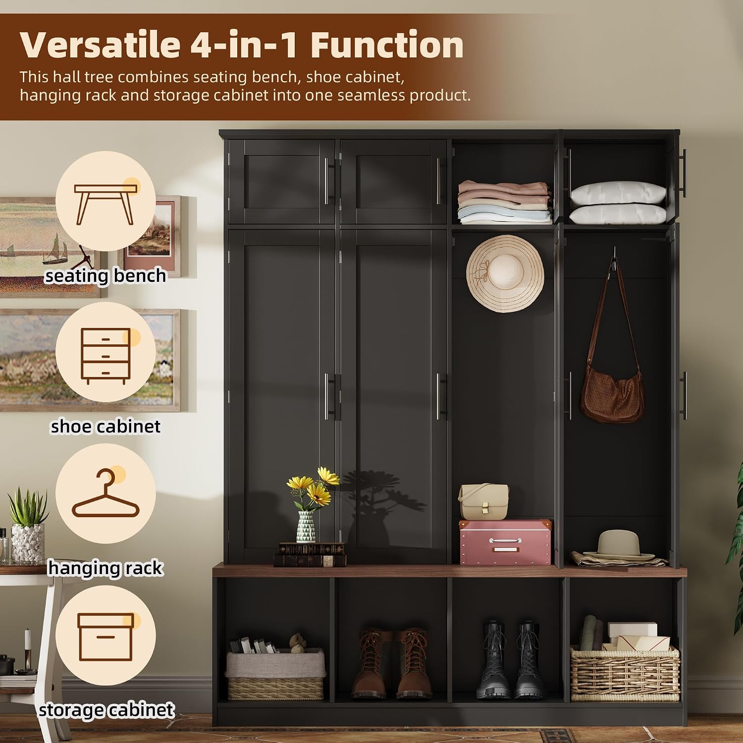 Hall Tree with Bench and Shoe Storage Compartments, Particle Board Multi-Functional Entryway Cabinet with 4 Hanging Hooks, Black